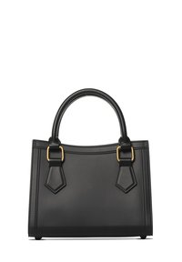 Sac à main en cuir noir au design structuré, avec des poignées supérieures arrondies, des accents en métal doré et des détails en forme de diamant sur les sangles.