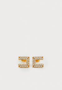 Boucles d'oreilles en or avec un design carré, ornées de petits strass transparents dans un motif formant la lettre "E."
