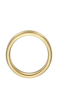 Zelts krāsas gredzens ar gludu, pulētu virsmu un divu joslu dizainu. Apaļa forma, vienmērīga biezuma un minimāli rotājumi.