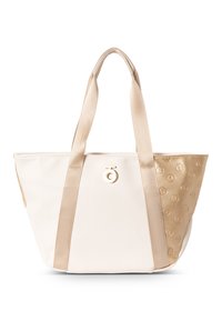 Tote bag in crèmekleur en goud, met een gestructureerd patroon aan de gouden kant, gemaakt van twee verschillende stofmaterialen en met dubbele hengsels. Rond logo-detail aan de voorkant.