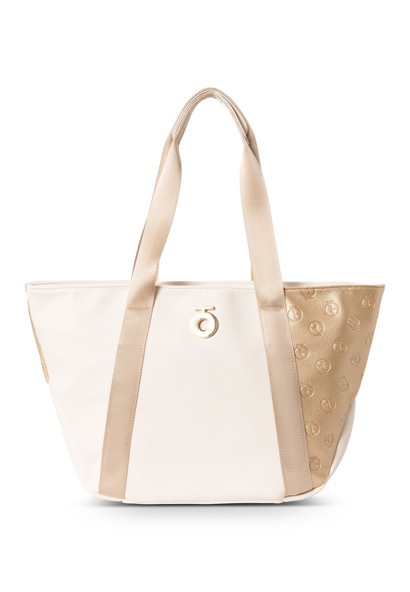 Tote bag in crèmekleur en goud, met een gestructureerd patroon aan de gouden kant, gemaakt van twee verschillende stofmaterialen en met dubbele hengsels. Rond logo-detail aan de voorkant.