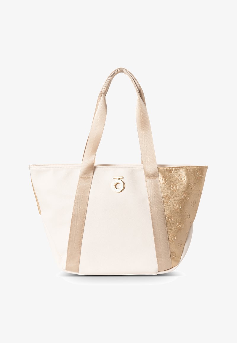 Tote bag in crèmekleur en goud, met een gestructureerd patroon aan de gouden kant, gemaakt van twee verschillende stofmaterialen en met dubbele hengsels. Rond logo-detail aan de voorkant.