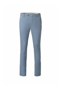 Pantaloni slim-fit blu chiaro realizzati in cotone. Presentano una chiusura con bottone e tasche frontali, con un rivestimento a fantasia sulla cintura.
