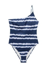Enosedni kopalke z enim ramenom v mornarsko modri barvi z belimi tie-dye črtami, izdelane iz gladkega materiala s tekočim, prilegajočim se dizajnom.