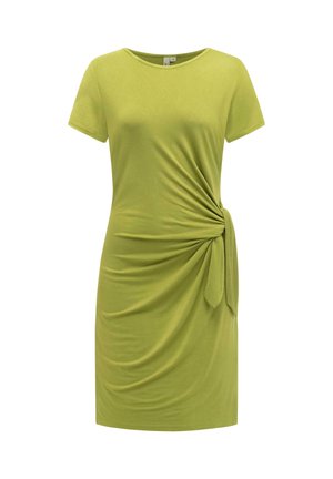 Robe vert citron à manches courtes avec encolure ronde et détail de nœud sur le côté créant un effet de tissu froncé.