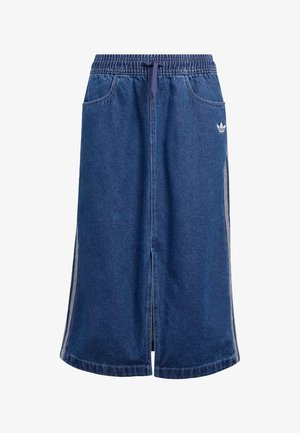 Spódnica midi z denimu, niebieska, z elastycznym paskiem i sznurkiem do ściągania. Boczne kieszenie i przedni rozcięcie. Na lewej stronie biodra znajduje się logo marki.