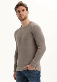 Beige gebreide trui met ribbelstructuur, ronde halslijn en lange mouwen, gecombineerd met blauwe denim jeans. Glad stofafwerking.