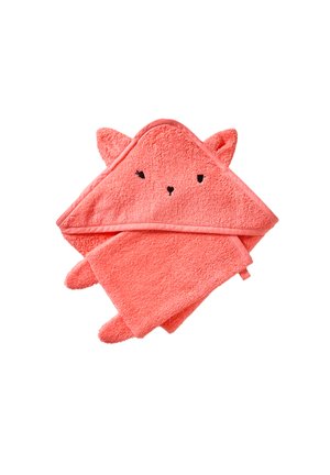 Coral pink hooded baby towel with animal face embroidery and small ears on the hood, folded on a white background.