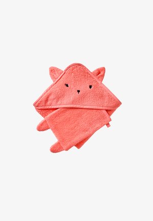 Coral pink hooded baby towel with animal face embroidery and small ears on the hood, folded on a white background.