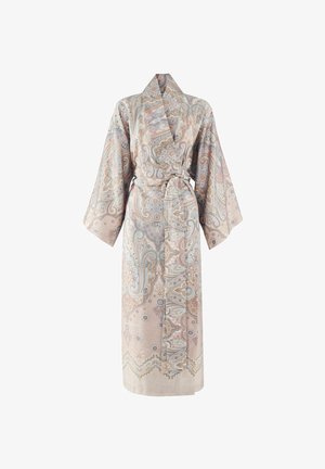 Paisley patterned kimono in soft fabric; features wide sleeves and a tie belt, with intricate floral and swirling designs in pastel colors.