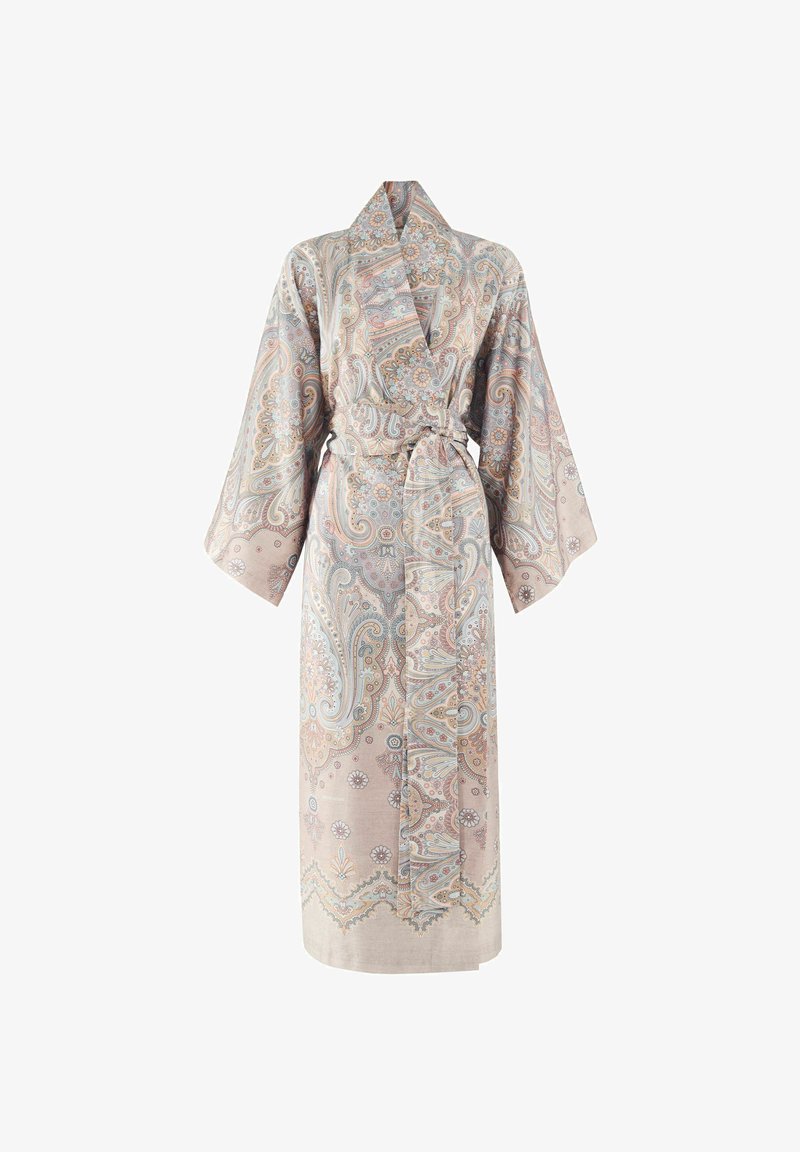 Paisley patterned kimono in soft fabric; features wide sleeves and a tie belt, with intricate floral and swirling designs in pastel colors.