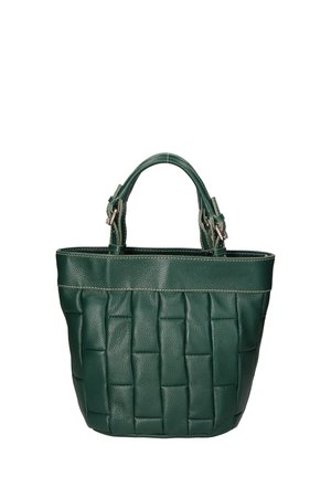 Borsa a tracolla in pelle verde con una texture intrecciata, caratterizzata da una forma strutturata, doppi manici e cuciture a contrasto lungo il bordo superiore.