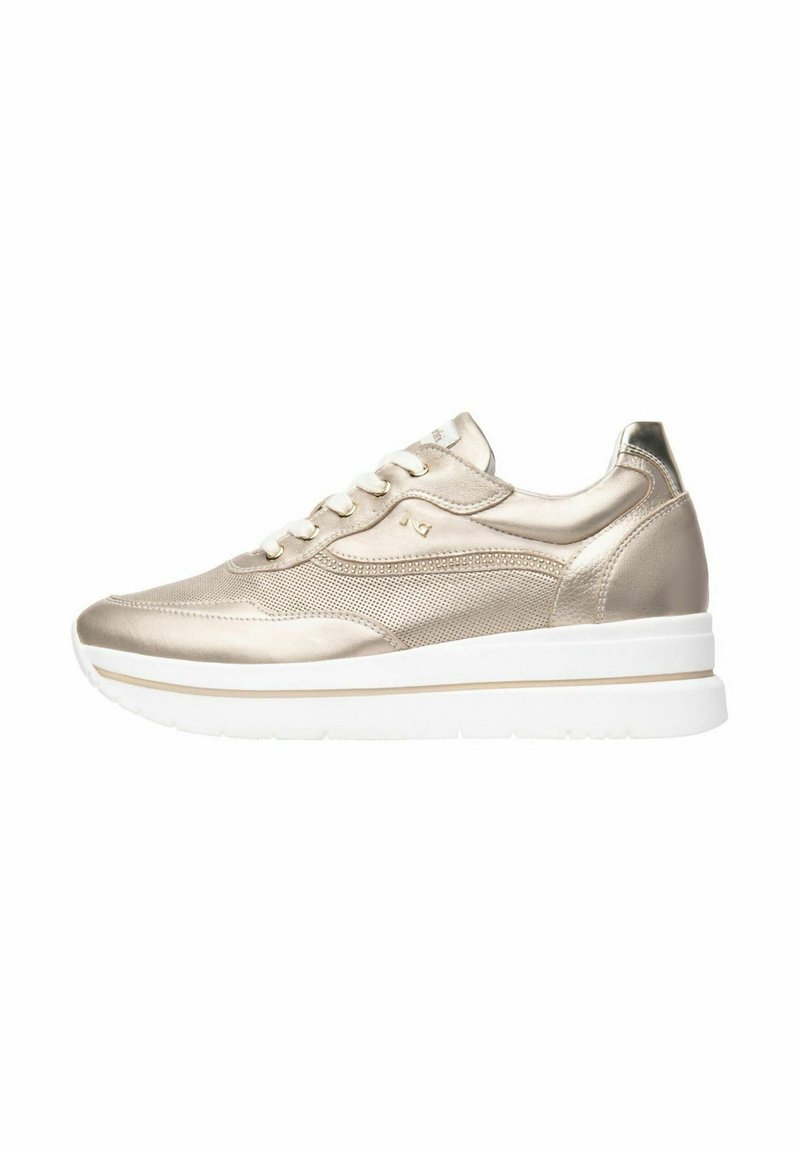 Metallic gold athletic shoe with a mesh upper, white sole, and textured detailing. Features round laces and a metallic heel accent.