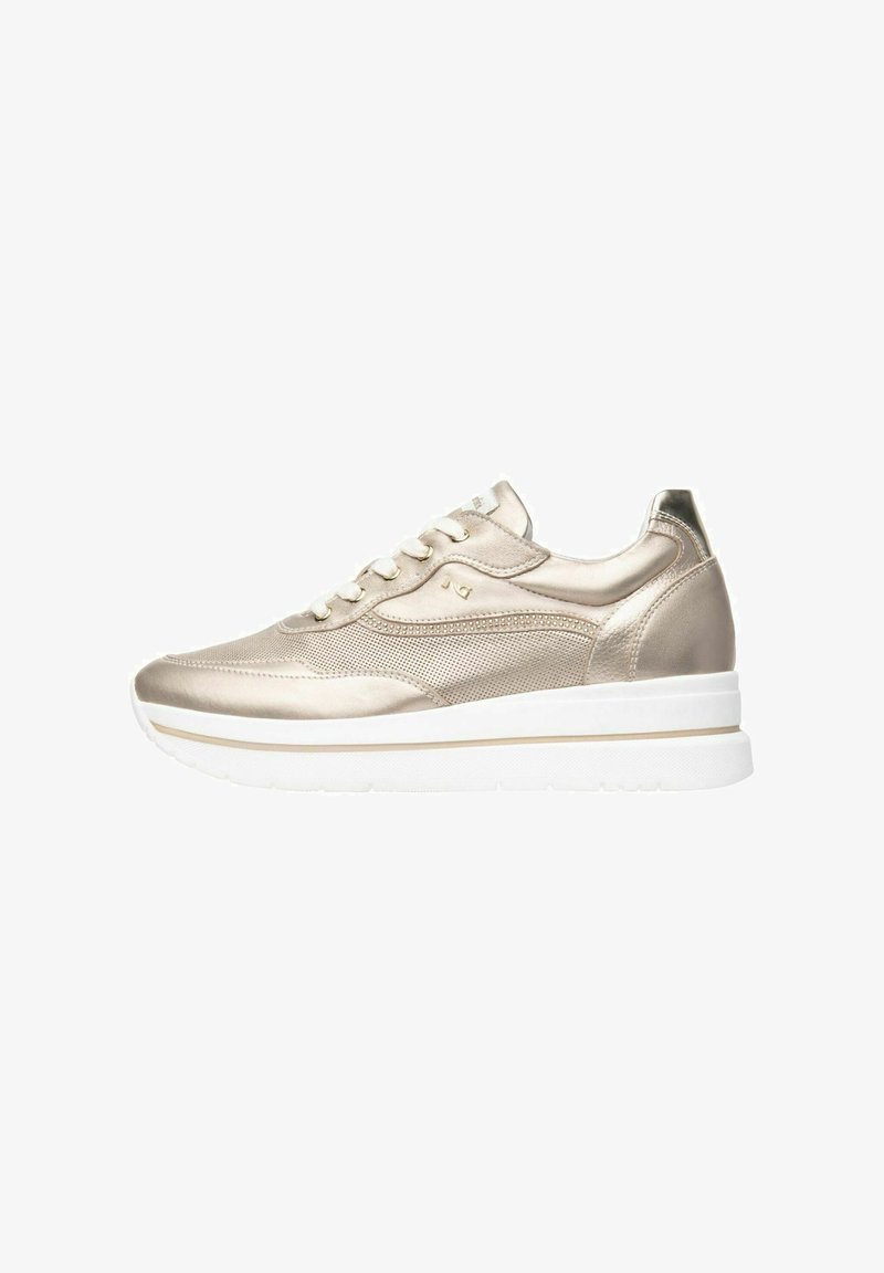 Metallic gold athletic shoe with a mesh upper, white sole, and textured detailing. Features round laces and a metallic heel accent.
