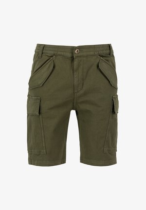 Shorts cargo vert olive en coton, avec une fermeture à bouton, des poches plaquées sur les côtés et une coupe décontractée avec une texture lisse.