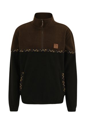 Pullover in pile marrone e nero con colletto a zip a un quarto, caratterizzato da dettagli a motivo geometrico e un'etichetta logo marrone sul petto.
