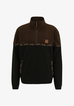 Brown and black fleece pullover with a quarter-zip collar, featuring geometric patterned accents and a brown logo patch on the chest.