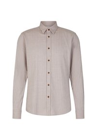 Camicia a maniche lunghe con bottoni in tessuto beige chiaro, caratterizzata da un motivo testurizzato, con bottoni marroni e un classico design del colletto.