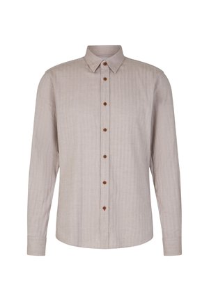 Langärmliges Button-Down-Hemd aus leicht beigem Stoff mit einem strukturierten Muster, ausgestattet mit braunen Knöpfen und einem klassischen Kragendesign.