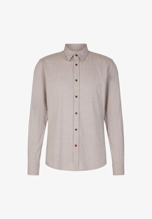 Camicia a maniche lunghe con bottoni in tessuto beige chiaro, caratterizzata da un motivo testurizzato, con bottoni marroni e un classico design del colletto.