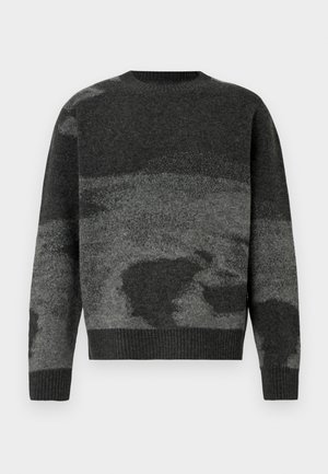 Gray sweater with a camouflage pattern, made from textured knit fabric. Features a crew neckline and ribbed cuffs and hem.