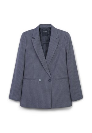 Blazer doppiopetto grigio a righe con rever a scollatura, due bottoni, due tasche frontali e foderato in nero.