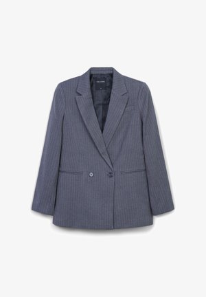 Grau gestreifter, doppelt geknöpfter Blazer mit Reverskragen, zwei Knöpfen, zwei Fronttaschen und schwarzem Innenfutter.