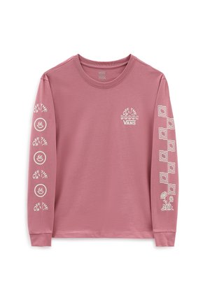Różowa koszulka Vans z długim rękawem z logo "Off The Wall" i uśmiechniętą buźką na lewym rękawie, geometryczne kwadraty i kwiaty na prawym rękawie, logo na piersi.