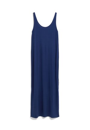 Marineblaues ärmelloses Kleid mit rundem Ausschnitt, aus glattem Stoff gefertigt. Verfügt über einen geraden Schnitt und dezente seitliche Details.