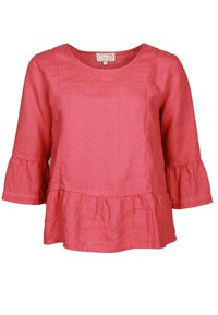 Kimonobluse aus Baumwollmischung in Koralle mit drei Viertelärmeln, dem ursprünglich aus Japan stammenden Peplum-Saum und Spitzenverzierungen an den Ärmeln. Runder Ausschnitt und weicher, strukturierter Stoff.