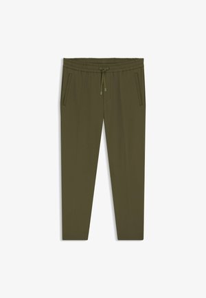 Pantaloni jogger verde oliva con vita elastica, cordoncino regolabile, due tasche laterali e design con gamba affusolata. Tessuto dalla superficie liscia.