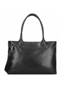 Zwarte leren tote bag met dubbele handvatten, afneembare schouderriem en een gladde textuur. Eenvoudig ontwerp zonder zichtbare patronen of accenten.