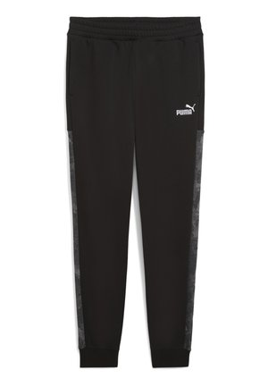 Schwarze Sweatpants mit elastischem Bund, kontrastierenden grauen Seitenpaneelen und einem weißen Puma-Logo auf der Vorderseite. Weiche Textur über die gesamte Hose.