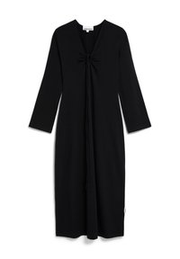 Schwarzes langärmliges Kleid mit V-Ausschnitt und einem gerafften Knotendetail an der Vorderseite. Hergestellt aus weichem Stoff mit gerader Silhouette.