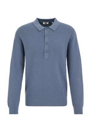 Polo met lange mouwen in een lichtblauwe, gestructureerde stof. Voorzien van een knoopsluiting aan de voorkant, een geribde kraag en zoom. Verstelbare manchetten zorgen voor een betere pasvorm en comfort.