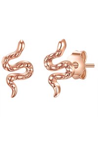 Rose gold snake-shaped earrings with twisted bodies and textured detailing. Designed as studs with circular backing hardware.