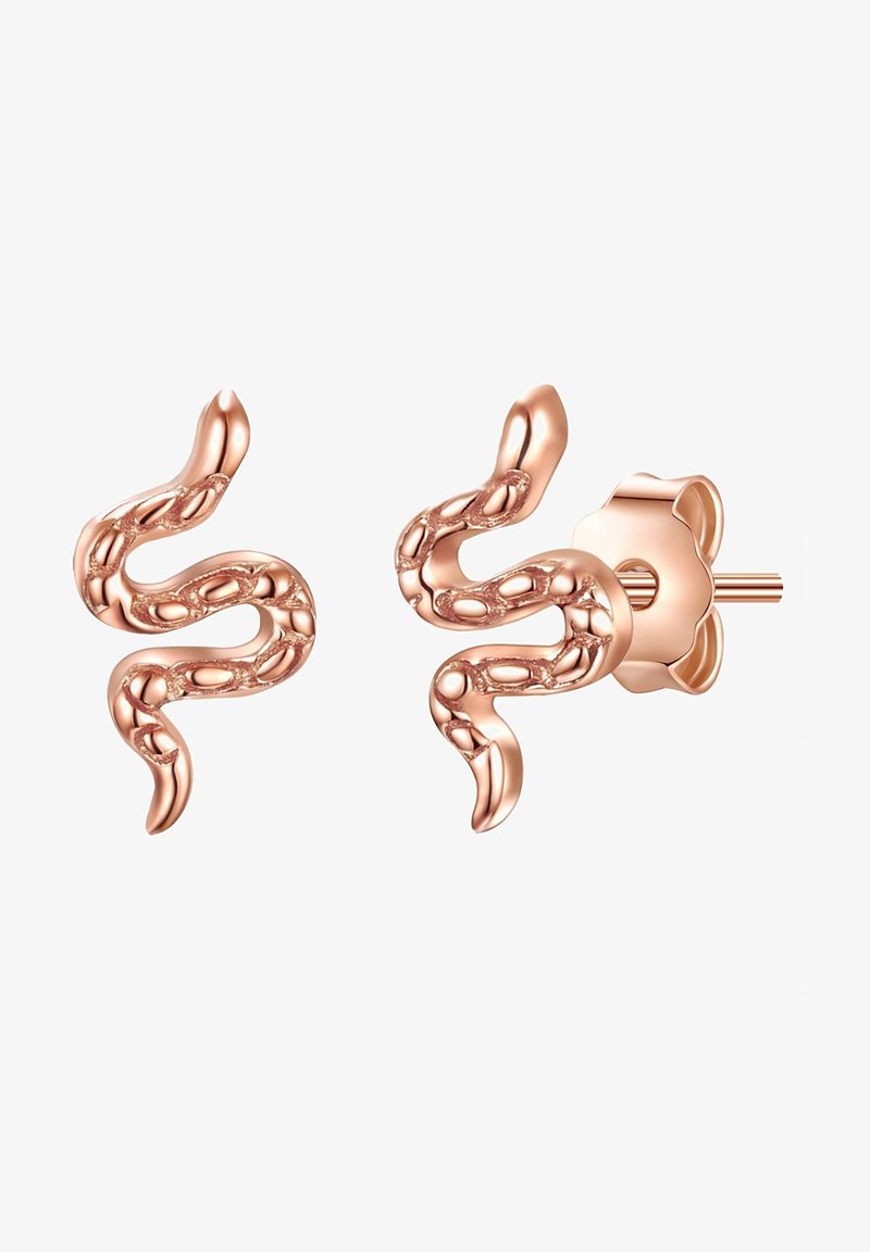 Rose gold snake-shaped earrings with twisted bodies and textured detailing. Designed as studs with circular backing hardware.