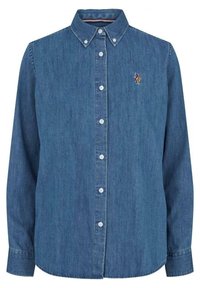 Denim shirt in dark blue, featuring a button-down collar, long sleeves, and embroidered design on the chest. Front buttons are white.