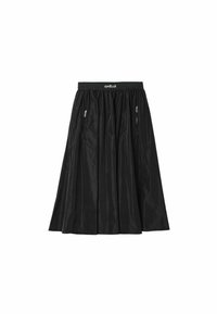 Gonna nera realizzata in tessuto leggero con un design plissettato, dotata di una cintura elastica e due tasche con zip sulla parte anteriore.