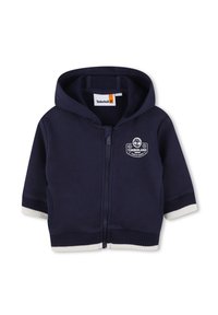 Felpa con zip blu navy per bambini, con cappuccio, polsini e fondo a coste bianchi, logo Timberland sul petto e tasche frontali.