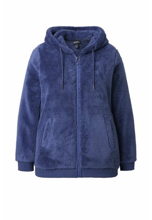 Sweat à capuche bleu en polaire avec fermeture éclair, poches avant, capuche avec cordon et poignets et bas côtelés.