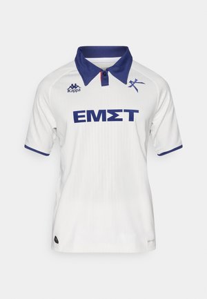 Witte korte mouwen jersey met een blauwe kraag, blauwe manchetten en blauw gedrukt tekst. Heeft het Kappa-logo op de linkerborst en een gestructureerde stof.