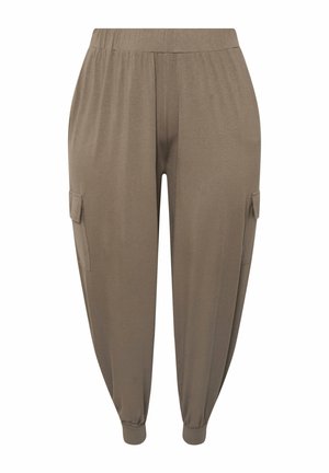 Brown, lightweight cargo pants with an elastic waistband, tapered ankles, and two side pockets. Smooth texture and casual design.