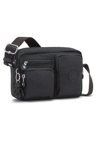 Borsa a tracolla nera in tessuto morbido, dotata di due tasche frontali con zip, un'etichetta con il logo e un ganci per chiavi. Includa una tracolla regolabile.