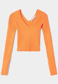 Czarna, długorękawowa, przykrótka bluzka dzianinowa w jasnym pomarańczowym kolorze z głębokim dekoltem w kształcie litery V, ułożona na białym tle.