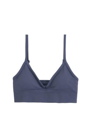 Ribbede navy bralette med tynde justerbare stropper, dyb V-hals og bred underbånd. Blødt stof med en glat tekstur.