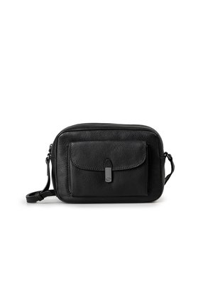 Black leather crossbody bag with a textured finish, featuring a front pocket, zippered main compartment, and an adjustable strap.