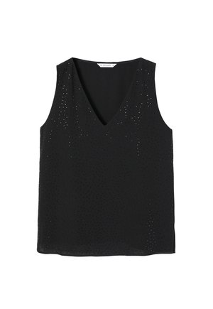 Haut sans manches noir avec un décolleté en V, présentant un motif texturé de petits trous sur l'ensemble du tissu pour une meilleure respirabilité.