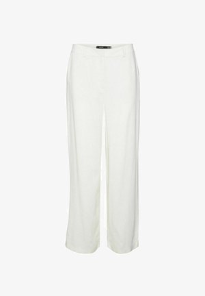 Valged linased püksid sirge lõikega, millel on lame eest, vöökohal silmused ja sile tekstuur. Nähtavad mustrid või aksessuaarid puuduvad.