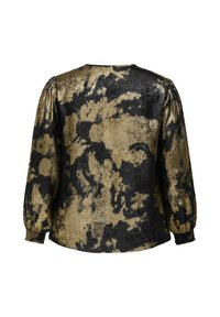 Vista posteriore di una blusa a maniche lunghe con un motivo astratto nero e oro, realizzata in un tessuto metallico testurizzato e con maniche a sbuffo.